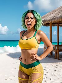 A 21 year old Mexican girl with green hair hazel eyes and athletic build