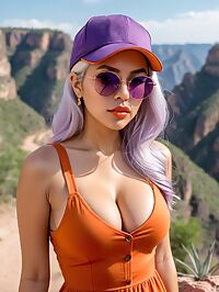 A Mexican woman with white hair and large breasts enjoys the scenery of Copper Canyon