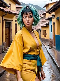 A 28 year old hispanic woman with messy blue hair and huge breasts in Cusco Peru after sex